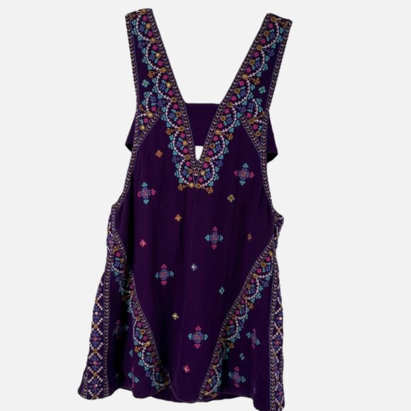 Free People Dress Heavily Embroidered Purple Size S Tie Back Mini V Neck Boho - Picture 3 of 8